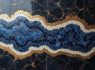The primary subject of the image is a mosaic tile floor with a blue and gold design. The setting is a room with a black and gold marble floor. The visual style is a close-up of the floor, showcasing the intricate design. The colors and mood of the image are predominantly black and gold, giving it a luxurious and elegant appearance.