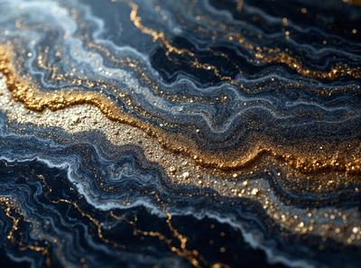 The primary subject of the image is a close-up of a black and gold marbled surface. The setting is a dark background, which contrasts with the gold and black colors of the marbled surface. The visual style appears to be a combination of a photo and a digital art or illustration, as the gold and black colors are vibrant and well-defined. The overall atmosphere of the image is elegant and sophisticated, with the gold and black colors creating a striking contrast against the dark background.