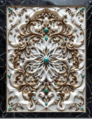 The primary subject of the image is a beautifully crafted white and gold decorative piece, possibly a sculpture or a piece of art. The setting is a black background, which highlights the intricate details of the artwork. The visual style is a combination of digital art and traditional craftsmanship, creating a unique and eye-catching design. The colors and mood of the image are predominantly white and gold, giving it a luxurious and elegant appearance.