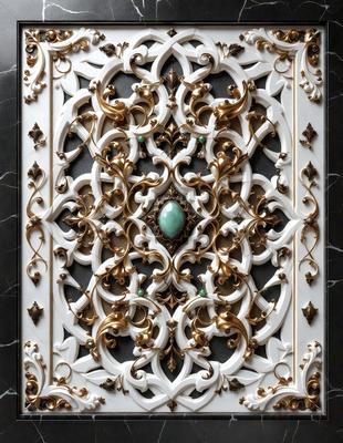 The primary subject of the image is a decorative piece featuring a gold and white design. The setting is a black background, which contrasts with the gold and white decoration. The visual style appears to be a combination of digital art and illustration, creating a unique and intricate pattern. The colors and mood of the image are predominantly gold and white, giving it a sophisticated and elegant appearance.
