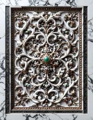 The primary subject of the image is a decorative piece, possibly a wall hanging or a sculpture, featuring a white and gold design with intricate patterns. The setting is a marble surface, which adds to the elegance and sophistication of the piece. The visual style is a combination of photo and digital art, creating a realistic yet artistic representation of the decorative piece. The colors and mood of the image are predominantly white and gold, giving it a luxurious and timeless appearance.