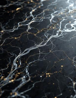 The primary subject of the image is a black and white photo of a surface with a pattern of light and dark streaks. The setting is a dark background, and the visual style is a close-up of the pattern. The colors and mood of the image are predominantly dark, with the light streaks adding a touch of contrast and interest to the overall atmosphere.