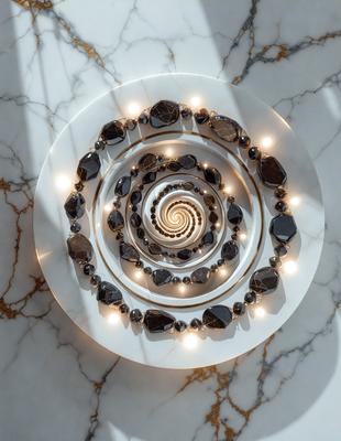 The primary subject of the image is a white plate with a spiral pattern on it. The plate is adorned with a variety of black and white stones, creating a visually striking and unique design. The setting appears to be a marble surface, which adds to the elegance and sophistication of the scene. The visual style of the image is a combination of photo and digital art, resulting in a high-quality and detailed presentation. The colors and mood of the image are predominantly black and white, giving it