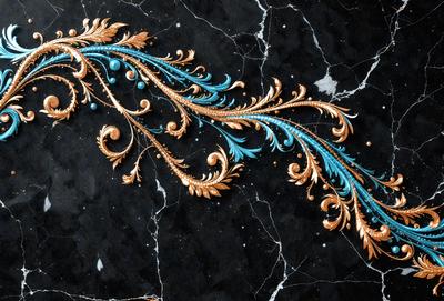 The primary subject of the image is a decorative design featuring a blue and gold color scheme. The design is likely a piece of art or a decoration, as it is displayed on a black marble surface. The setting appears to be a room with a black marble countertop, which serves as the background for the artwork. The visual style of the image is a combination of digital art and illustration, creating a unique and eye-catching design. The colors and mood of the image are vibrant and elegant, with