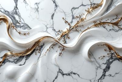 The primary subject of the image is a marble countertop with a gold leaf design. The setting is a white marble countertop, and the visual style is a combination of photo and digital art. The colors and mood of the image are predominantly white and gold, creating a luxurious and elegant atmosphere.