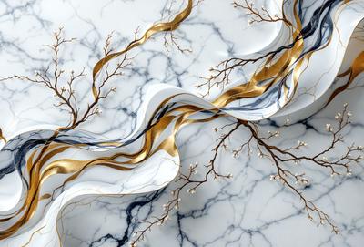 The primary subject of the image is a marble table with a gold and blue design. The table features a tree-like pattern, giving it a unique and elegant appearance. The setting is a white marble surface, which complements the gold and blue design. The visual style of the image is a combination of digital art and illustration, creating a striking and artistic display. The colors and mood of the image are predominantly gold, blue, and white, giving it a sophisticated and luxurious feel.
