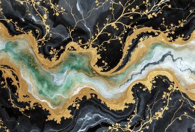 The primary subject of the image is a marble countertop with a gold leaf design. The setting is a kitchen, and the visual style is a combination of photo and digital art. The dominant colors are black, gold, and green, creating a luxurious and elegant atmosphere.