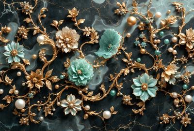 The primary subject of the image is a beautifully crafted gold and blue floral design. The setting is a black marble surface, which serves as a striking backdrop for the intricate gold and blue floral pattern. The visual style of the image is a combination of digital art and illustration, creating a stunning and detailed representation of the floral design. The colors and mood of the image are predominantly gold and blue, evoking a sense of elegance and sophistication.