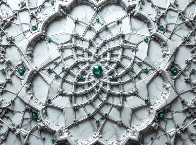 The primary subject of the image is a large, intricate, and ornate design made of marble. The setting is a white marble surface, which serves as the background. The visual style is a combination of digital art and illustration, creating a unique and captivating pattern. The colors and mood of the image are predominantly white and green, giving it a clean and fresh appearance.