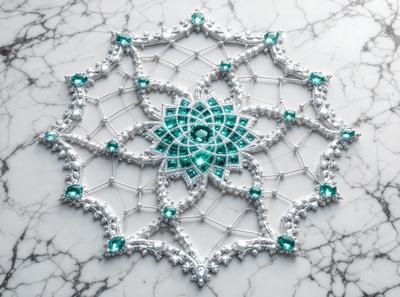 The primary subject of the image is a white and green beaded design, which appears to be a lace or crocheted pattern. The setting is a marble surface, which serves as the background for the intricate design. The visual style of the image is a close-up of the beaded pattern, showcasing the details and colors of the design. The colors and mood of the image are predominantly white and green, giving it a clean and fresh appearance.