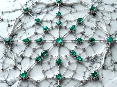 The primary subject of the image is a pattern made of green and white beads, which are arranged in a geometric design. The setting is a white marble surface, which serves as the background for the pattern. The visual style of the image is a combination of digital art and illustration, creating a unique and intricate design. The dominant colors in the image are green and white, giving the pattern a fresh and lively appearance.