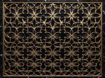 The primary subject of the image is a decorative metal design, which features a pattern of interconnected circles. The setting is a black and gold background, which contrasts with the intricate design. The visual style is a combination of digital art and illustration, creating a unique and eye-catching pattern. The colors and mood of the image are predominantly black and gold, giving it a sophisticated and elegant appearance.