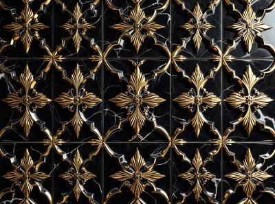 The primary subject of the image is a decorative tile with a gold and black color scheme. The tile features a pattern of gold flowers on a black background. The setting is a wall, and the visual style is a close-up of the tile. The colors and mood of the image are elegant and sophisticated, with the gold flowers adding a touch of luxury to the overall design.