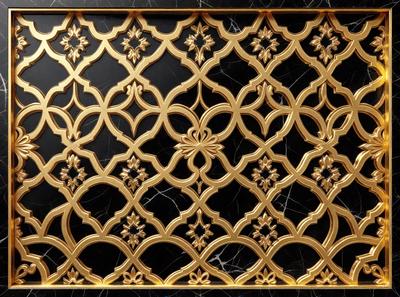 The primary subject of the image is a decorative gold and black patterned design. The setting is a black background, and the visual style appears to be a combination of digital art and illustration. The dominant colors are gold and black, creating a sophisticated and elegant atmosphere.