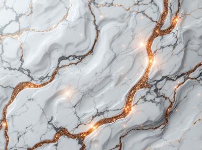 The primary subject of the image is a marble-like surface with gold accents. The setting is a white marble wall, and the visual style is a combination of photo and digital art. The dominant colors are white and gold, creating a luxurious and elegant atmosphere.
