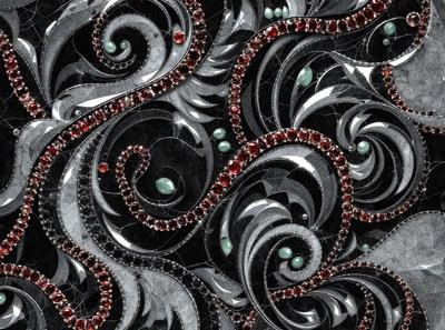 The primary subject of the image is a black and white patterned design featuring a swirling, ornate design with red and green accents. The setting is a black background, and the visual style appears to be a combination of digital art and illustration. The dominant colors are black, white, red, and green, creating a bold and striking appearance.