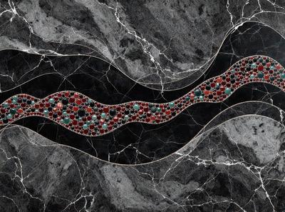 The primary subject of the image is a colorful, intricately designed piece of artwork, possibly a mosaic or a painting, featuring a red, green, and black color scheme. The artwork is displayed on a black marble surface, which serves as the setting or background. The visual style of the image is a combination of photo and digital art, creating a unique and eye-catching piece. The colors and mood of the artwork evoke a sense of vibrancy and creativity, making it an