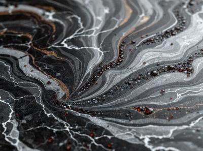 The primary subject of the image is a black and red marbled surface, which appears to be a piece of art or a decorative item. The setting is a dark background, which contrasts with the vibrant colors of the marbled surface. The visual style of the image is a close-up, focusing on the intricate patterns and textures of the marbled surface. The colors and mood of the image are bold and striking, with the black and red hues creating a dramatic and eye-catching effect.
