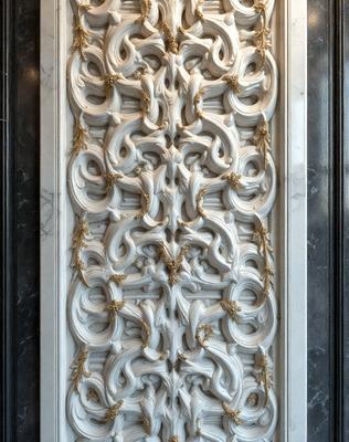 The primary subject of the image is a white marble wall with a decorative design. The setting is a room with a black background, and the visual style is a photo. The colors and mood of the image are predominantly white, giving it a clean and elegant appearance.