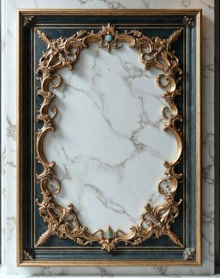 The primary subject of the image is a decorative frame with a marble background. The frame is gold and features a marble design. The setting is a room with a marble wall, and the visual style is a combination of digital art and illustration. The colors and mood of the image are elegant and sophisticated, with the gold frame and marble background creating a luxurious and refined atmosphere.