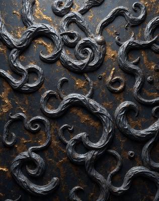 The primary subject of the image is a close-up of a metal surface with a pattern of swirling, curling, and twisting shapes. The setting is a dark background, which contrasts with the intricate patterns on the metal surface. The visual style is a combination of photo and digital art, as the image appears to be a close-up of a metal surface with a digital art-like pattern. The colors and mood of the image are dark and mysterious, with the swirling patterns creating a sense of depth