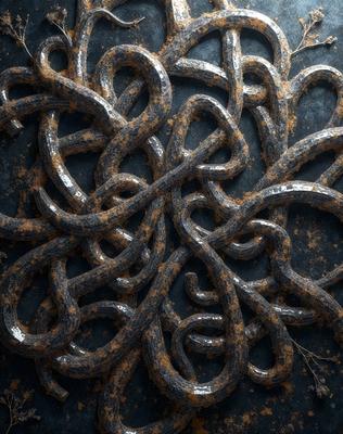 The primary subject of the image is a close-up of a metal chain with a rusty appearance. The chain is woven into a pattern, giving it a unique and intricate look. The setting is a dark background, which contrasts with the chain's rusty color. The visual style is a close-up, focusing on the details of the chain. The colors and mood of the image are predominantly dark and moody, with the rusty chain adding a sense of age and history to the scene.