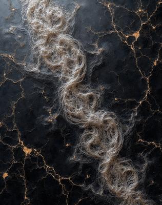 The primary subject of the image is a long, curly, and knotted piece of yarn. The yarn is hanging from a surface, possibly a wall or a piece of furniture. The setting appears to be a dark room, with the yarn being the main focus of the image. The visual style of the image is a close-up of the yarn, showcasing its texture and details. The colors in the image are predominantly dark, creating a moody atmosphere.