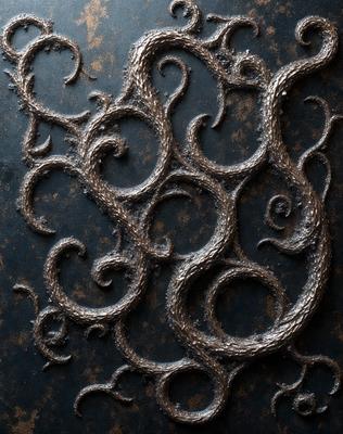 The primary subject of the image is a close-up of a patterned surface, featuring a design that resembles a snake or a curly, twisted metal. The setting is a dark background, which contrasts with the intricate pattern. The visual style is a combination of digital art and illustration, creating a unique and eye-catching design. The colors and mood of the image are predominantly dark, with the patterned surface providing a sense of depth and complexity.