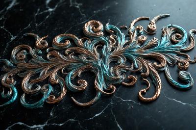 The primary subject of the image is a decorative piece made of metal, featuring a combination of gold and blue colors. The piece is placed on a black marble surface, which serves as the setting or background. The visual style of the image is a mix of photo and digital art, as it appears to be a close-up of the decorative piece. The dominant colors in the image are gold and blue, creating a sense of elegance and sophistication.