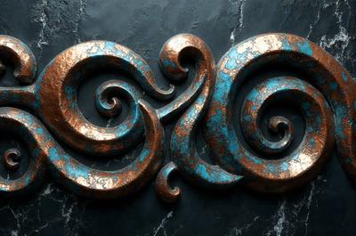 The primary subject of the image is a decorative piece made of metal, featuring a blue and gold color scheme. The setting is a dark background, which contrasts with the bright colors of the metal artwork. The visual style appears to be a combination of digital art and illustration, creating a unique and eye-catching design. The overall atmosphere of the image is elegant and sophisticated, with the blue and gold colors evoking a sense of luxury and refinement.
