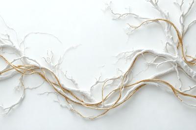 The primary subject of the image is a white and gold braided rope. The rope is woven together, creating a unique and intricate pattern. The setting is a white background, which provides a clean and minimalist appearance to the rope. The visual style of the image is a combination of digital art and illustration, as the rope appears to be a digital creation, yet it is presented in a way that resembles a traditional illustration. The colors and mood of the image are predominantly white and gold