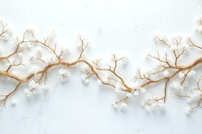 The primary subject of the image is a branch with white flowers. The setting is a white marble countertop, and the visual style is a close-up of the branch with flowers. The colors and mood of the image are predominantly white, giving it a clean and elegant appearance.