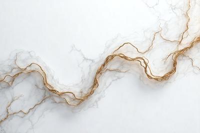 The primary subject of the image is a long, thin, and shiny gold wire or thread. The setting is a white marble surface, which serves as the background. The visual style of the image is a close-up of the gold wire, showcasing its texture and shine. The colors in the image are predominantly white and gold, creating a clean and elegant atmosphere.