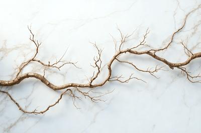 The primary subject of the image is a large, thin tree branch that is curved and appears to be dead. The branch is prominently displayed on a white marble surface, which serves as the setting and background of the image. The visual style of the image is a close-up of the branch, showcasing its unique texture and appearance. The colors in the image are predominantly white, which gives the scene a clean and minimalist atmosphere.
