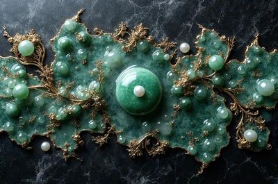 The primary subject of the image is a green jade piece, which is the main focus of the image. The setting is a black marble surface, and the visual style appears to be a combination of a photo and digital art. The colors in the image are predominantly green, with some white accents, creating a serene and natural atmosphere.