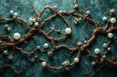 The primary subject of the image is a branch with pearls and flowers on it. The setting is a blue background, which adds a vibrant and calming atmosphere to the scene. The visual style is a close-up of the branch, showcasing the intricate details of the pearls and flowers. The colors and mood of the image are predominantly blue, creating a serene and peaceful ambiance.