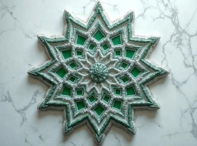 The primary subject of the image is a green and white decorative piece, possibly a cake or a cookie, with a pattern resembling a star or a flower. The setting is a white marble countertop, which serves as the background for the decorative piece. The visual style of the image is a close-up, showcasing the intricate details of the design. The colors and mood of the image are predominantly green and white, giving it a fresh and elegant appearance.