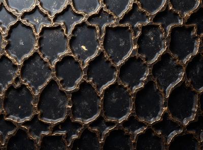 The primary subject of the image is a close-up of a black and gold patterned surface, which appears to be a textured material or a piece of art. The setting is a black background, which contrasts with the patterned surface. The visual style is a close-up, focusing on the intricate details of the pattern. The colors and mood of the image are predominantly black and gold, creating a sense of sophistication and elegance.
