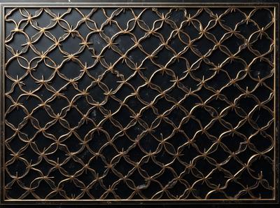 The primary subject of the image is a decorative metal piece, possibly a door mat or a piece of art, featuring a pattern of interconnected gold wires. The setting is a black background, which contrasts with the gold wires, making them stand out. The visual style is a combination of a photo and a digital art, as the wires are intricately designed and the overall composition is visually appealing. The colors and mood of the image are predominantly black and gold, giving it a sophisticated