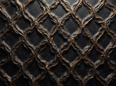 The primary subject of the image is a close-up of a patterned surface, which appears to be a black and gold design. The setting is a dark room, and the visual style is a combination of a photo and digital art. The dominant colors are black and gold, creating a rich and luxurious atmosphere.