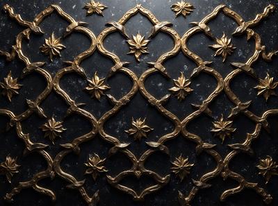 The primary subject of the image is a decorative design featuring a pattern of gold and black leaves. The setting is a black background, which contrasts with the gold and black colors of the design. The visual style appears to be a combination of digital art and illustration, creating a unique and intricate pattern. The overall atmosphere of the image is elegant and sophisticated, with the gold and black leaves adding a touch of luxury and refinement.