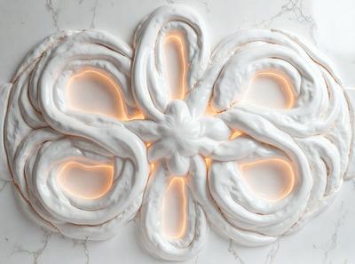 The primary subject of the image is a white ceramic flower, which is the main object, scene, or focus of the image. The setting is a marble countertop, and the visual style is a photo. The dominant colors are white and light, creating a clean and elegant atmosphere.