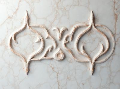 The primary subject of the image is a decorative design on a marble surface. The design features a pattern of two interlocking shapes, possibly resembling a heart or a vase. The setting is a marble countertop, and the visual style appears to be a combination of a photo and a drawing or illustration. The colors in the image are predominantly white and brown, giving the design a warm and elegant appearance.