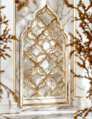 The primary subject of the image is a decorative wall with a gold and white design. The setting is a room with a marble wall, and the visual style is a combination of photo and digital art. The colors and mood of the image are elegant and sophisticated, with the gold and white design creating a luxurious and refined atmosphere.
