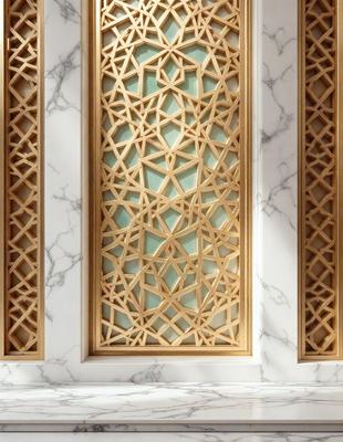 The primary subject of the image is a decorative wooden wall panel with a geometric pattern. The setting is a room with a marble wall, and the visual style is a close-up of the wooden panel. The colors and mood of the image are predominantly white and neutral, giving it a clean and elegant appearance.