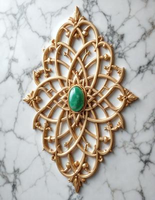 The primary subject of the image is a gold and green decorative piece, possibly a cross or a religious symbol, adorned with a green gemstone. The setting is a marble surface, which serves as the backdrop for the decorative piece. The visual style of the image is a close-up, showcasing the intricate details of the gold and green design. The colors and mood of the image are rich and elegant, with the gold and green tones creating a sense of luxury and sophistication.