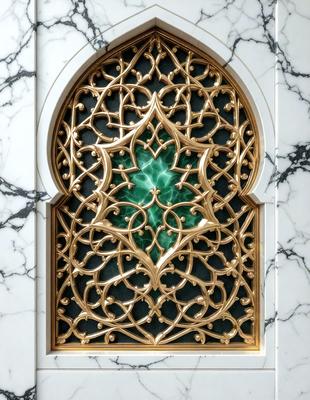 The primary subject of the image is a decorative window with a gold and green design. The window is set against a marble background, which adds to the overall visual style. The colors and mood of the image are predominantly gold and green, creating a warm and inviting atmosphere.