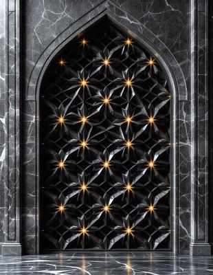 The primary subject of the image is a decorative window with a pattern of stars. The window is set against a black background, which adds to the visual style. The overall atmosphere of the image is dark and mysterious, with the stars providing a sense of depth and intrigue.