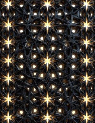 The primary subject of the image is a pattern of stars, which are arranged in a geometric design. The setting is a black background, which contrasts with the bright stars. The visual style is a combination of digital art and illustration, creating a unique and intricate pattern. The colors and mood of the image are predominantly black and white, with the stars being the main focus and source of visual interest.