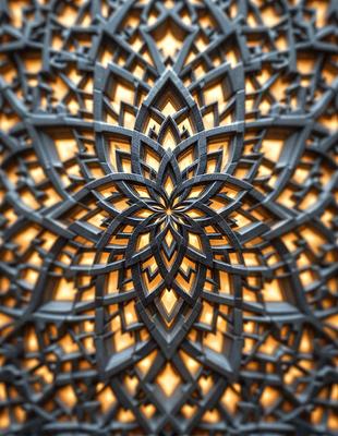 The primary subject of the image is a large, intricate, and ornate design, possibly a sculpture or a piece of art. The setting is a dark room, which highlights the design and adds a dramatic effect to the image. The visual style appears to be a combination of digital art and illustration, as the design is detailed and complex. The colors and mood of the image are predominantly dark, with the design being the main focus and drawing attention to its intricate patterns and shapes.